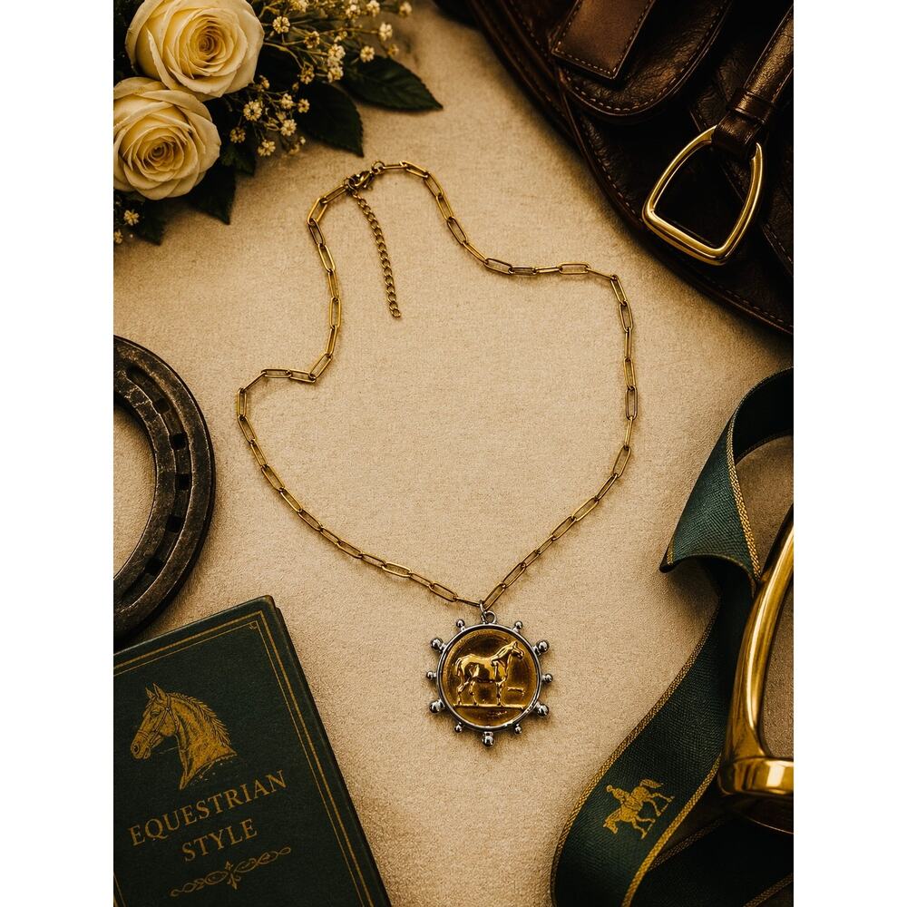 Equestrian Horse Medallion Necklace 18K Gold PVD 20”+2” Paperclip Chain - Picture 4 of 5
